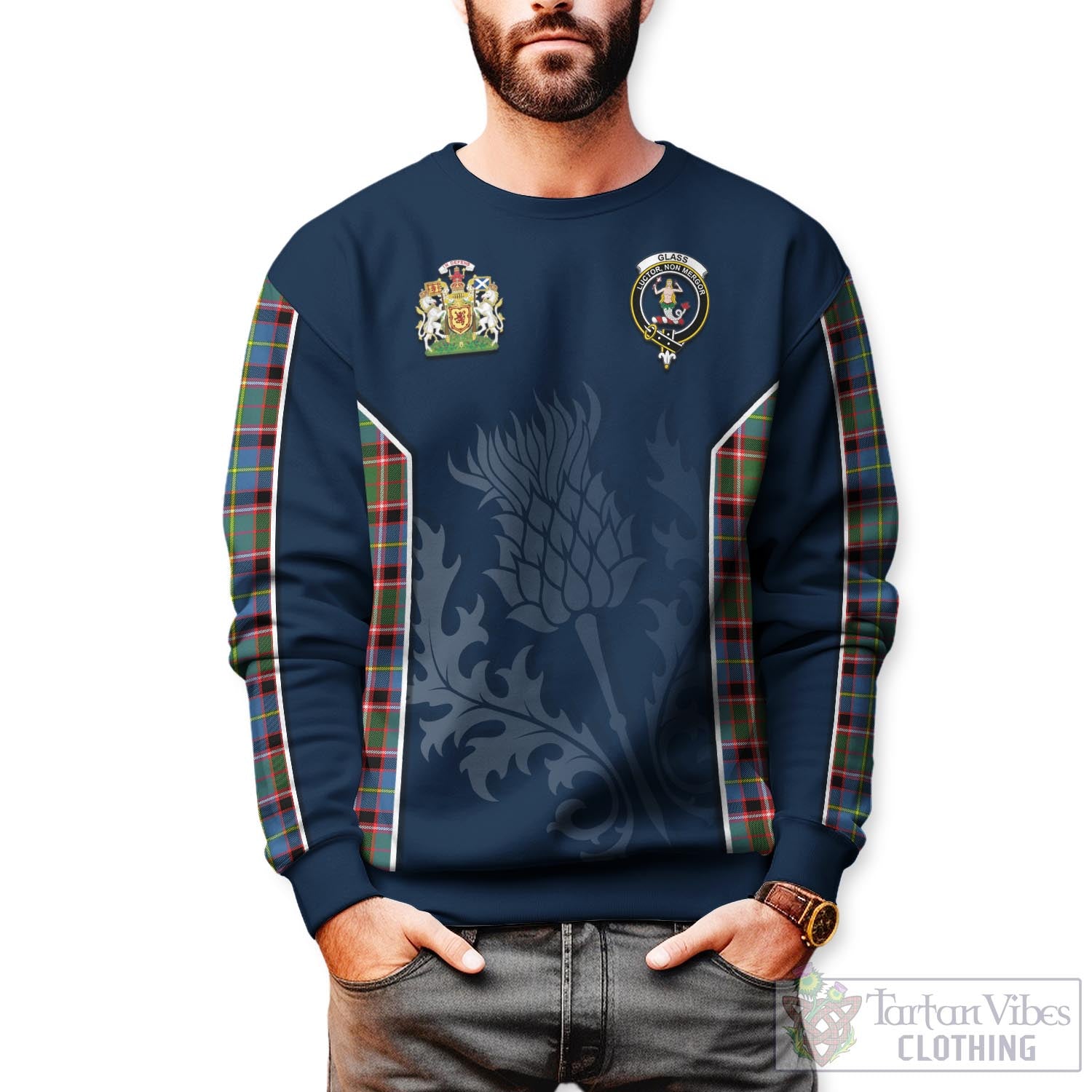 Glass Tartan Sweatshirt with Family Crest and Scottish Thistle Vibes Sport Style Unisex - Tartan Vibes Clothing