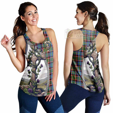 Glass Tartan Women's Racerback Tanks with Family Crest and St. Andrew's Cross Accented by Thistle Vines 4XL - Tartan Vibes Clothing