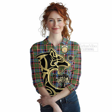 Glass Tartan Women's Casual Shirt with Family Crest Celtic Wolf Style Female - Tartan Vibes Clothing