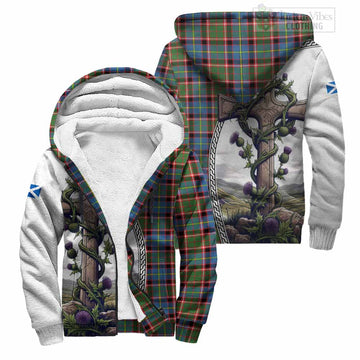 Glass Tartan Sherpa Hoodie with Family Crest and St. Andrew's Cross Accented by Thistle Vines Unisex S - Tartan Vibes Clothing