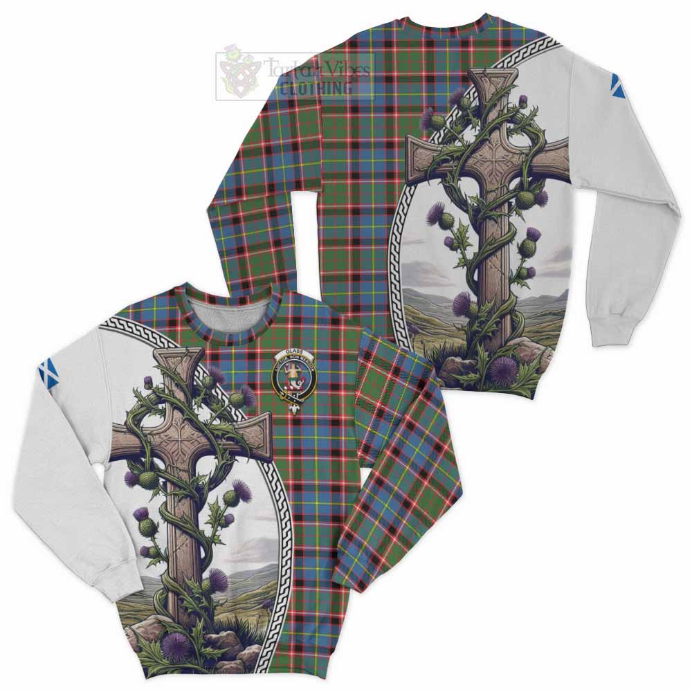 Glass Tartan Sweatshirt with Family Crest and St. Andrew's Cross Accented by Thistle Vines Unisex - Tartan Vibes Clothing