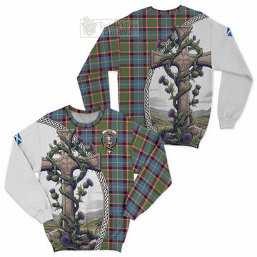 Glass Tartan Sweatshirt with Family Crest and St. Andrew's Cross Accented by Thistle Vines Unisex - Tartan Vibes Clothing