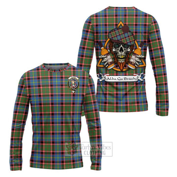 Glass Tartan Long Sleeve T-Shirt with Family Crest and Bearded Skull Holding Bottles of Whiskey Unisex - Tartan Vibes Clothing