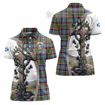 Glass Tartan Women's Polo Shirt with Family Crest and St. Andrew's Cross Accented by Thistle Vines Women - Tartan Vibes Clothing