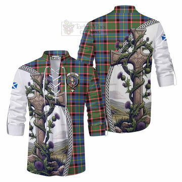 Glass Tartan Ghillie Kilt Shirt with Family Crest and St. Andrew's Cross Accented by Thistle Vines Men - Tartan Vibes Clothing