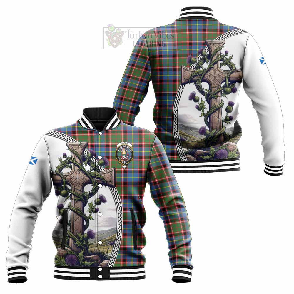 Glass Tartan Baseball Jacket with Family Crest and St. Andrew's Cross Accented by Thistle Vines Unisex - Tartan Vibes Clothing