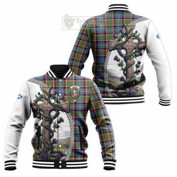 Glass Tartan Baseball Jacket with Family Crest and St. Andrew's Cross Accented by Thistle Vines Unisex - Tartan Vibes Clothing