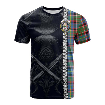 Glass Tartan Cotton T-shirt with Family Crest Cross Sword Thistle Celtic Vibes