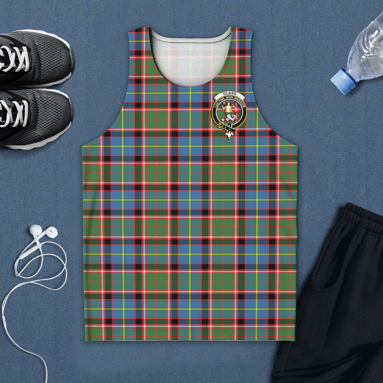 Glass Tartan Mens Tank Top with Family Crest 5XL - Tartan Vibes Clothing