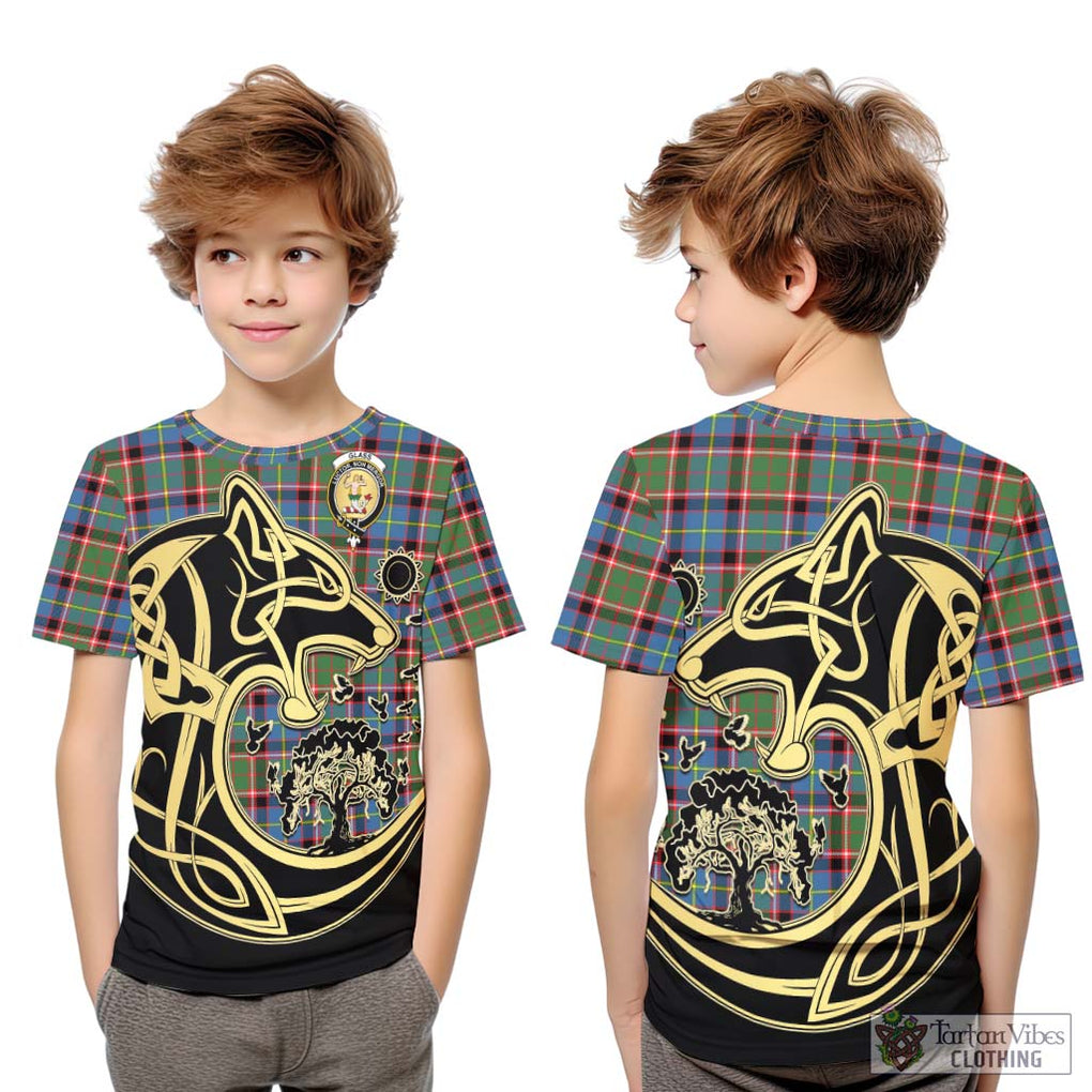 Glass Tartan Kid T-Shirt with Family Crest Celtic Wolf Style Youth XL Size14 - Tartan Vibes Clothing