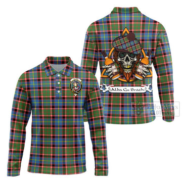 Glass Tartan Long Sleeve Polo Shirt with Family Crest and Bearded Skull Holding Bottles of Whiskey Unisex - Tartan Vibes Clothing