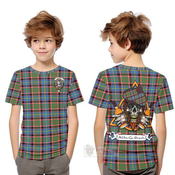 Glass Tartan Kid T-Shirt with Family Crest and Bearded Skull Holding Bottles of Whiskey Youth XL Size14 - Tartan Vibes Clothing
