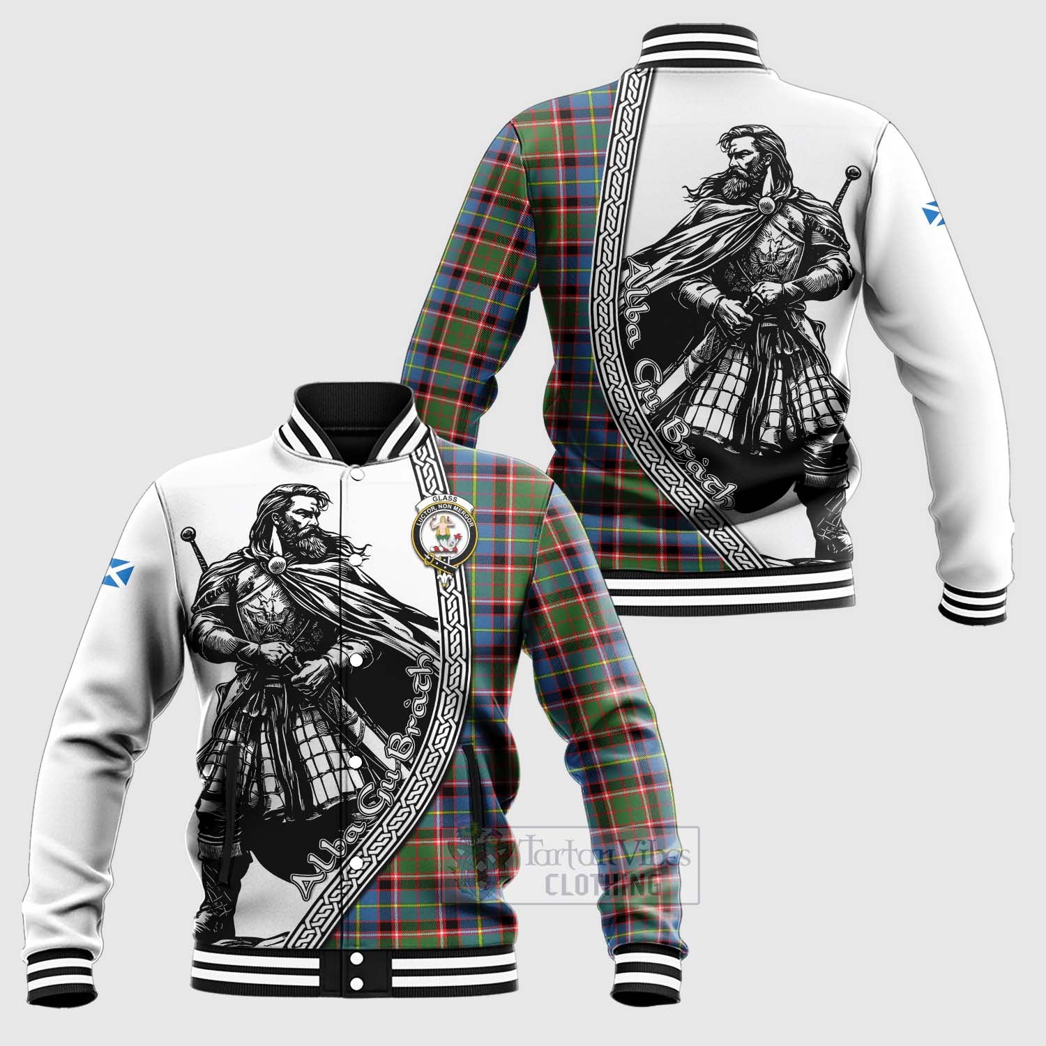 Glass Tartan Clan Crest Baseball Jacket with Highlander Warrior Celtic Style Unisex - Tartan Vibes Clothing