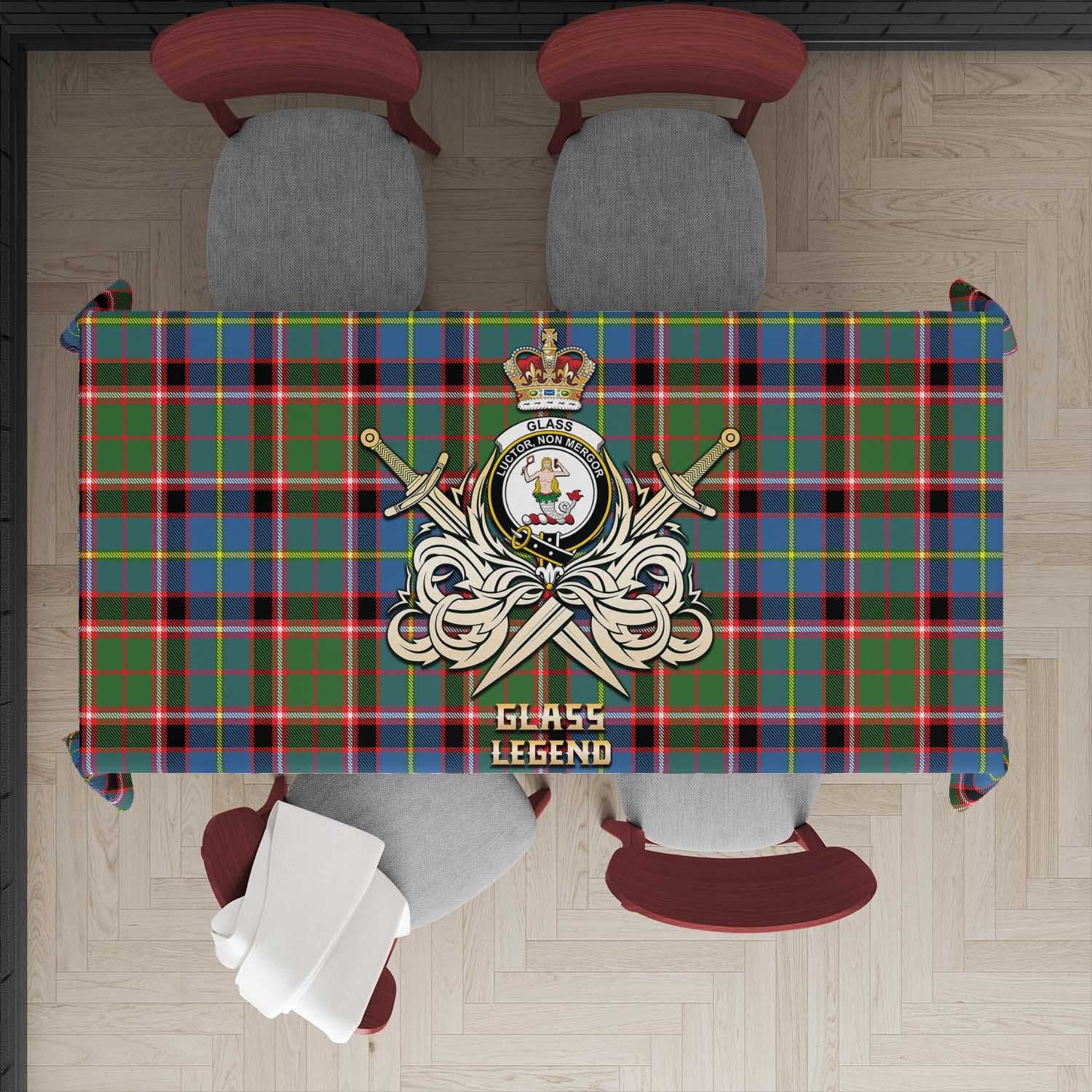 Tartan Vibes Clothing Glass Tartan Tablecloth with Clan Crest and the Golden Sword of Courageous Legacy
