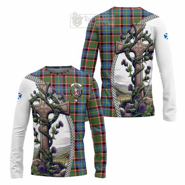 Glass Tartan Long Sleeve T-Shirt with Family Crest and St. Andrew's Cross Accented by Thistle Vines Unisex - Tartan Vibes Clothing