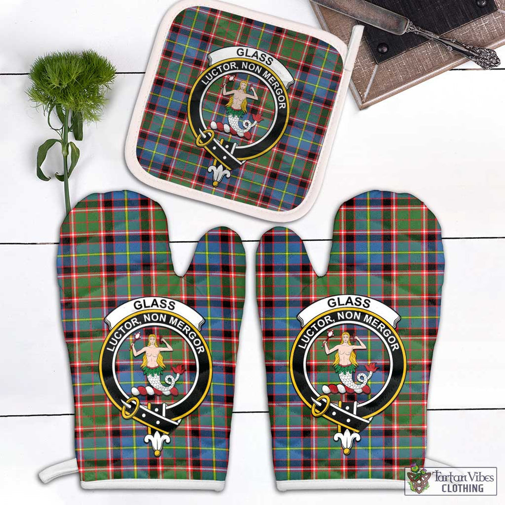 Glass Tartan Combo Oven Mitt & Pot-Holder with Family Crest White - Tartan Vibes Clothing