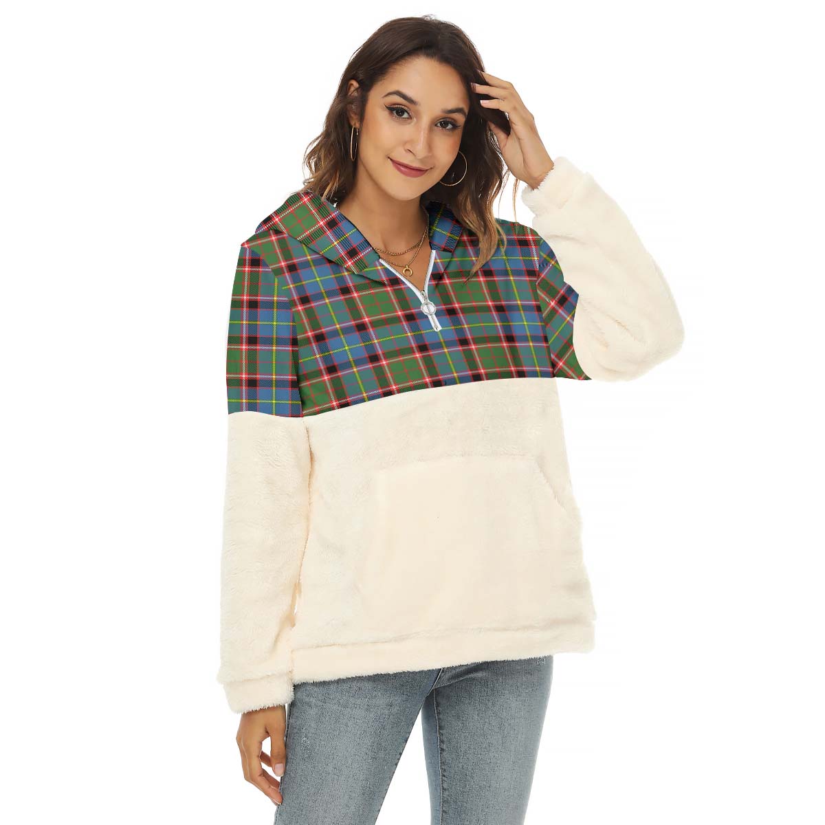 Glass Tartan Half Style Women's Borg Fleece Hoodie with Half Zip Female - Tartan Vibes Clothing