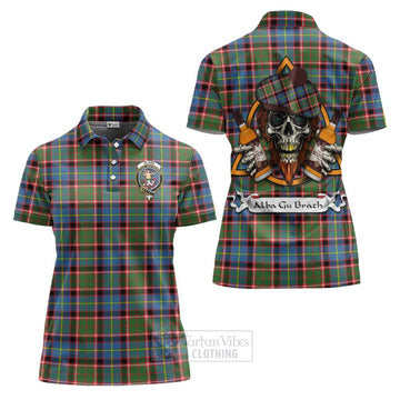 Glass Tartan Women's Polo Shirt with Family Crest and Bearded Skull Holding Bottles of Whiskey Women - Tartan Vibes Clothing