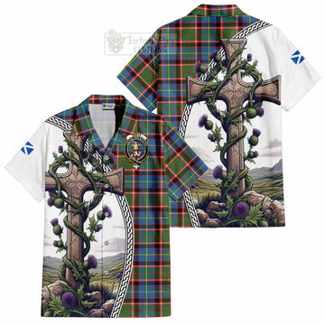 Glass Tartan Hawaiian Shirt with Family Crest and St. Andrew's Cross Accented by Thistle Vines Kid - Tartan Vibes Clothing
