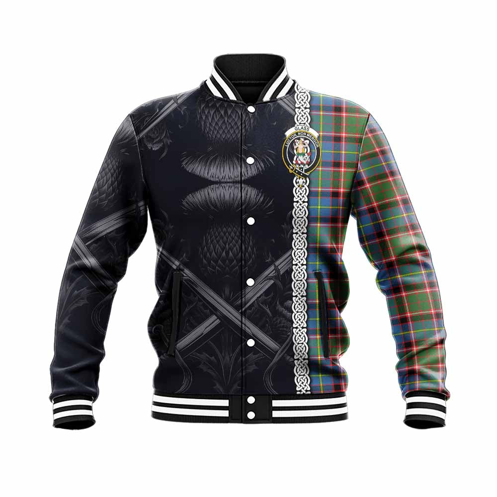 Glass Tartan Baseball Jacket with Family Crest Cross Sword Thistle Celtic Vibes Unisex - Tartan Vibes Clothing