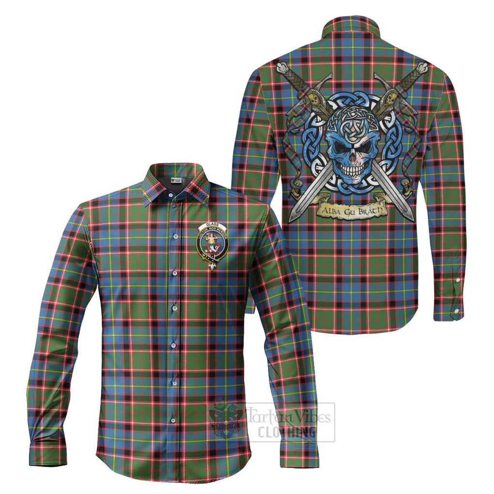Glass Tartan Long Sleeve Button Shirt with Family Crest Celtic Skull Style Men's Shirt S - Tartan Vibes Clothing