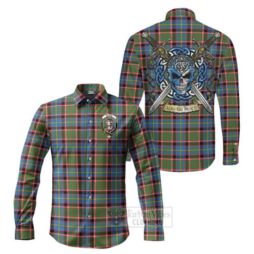 Glass Tartan Long Sleeve Button Shirt with Family Crest Celtic Skull Style Men's Shirt S - Tartan Vibes Clothing