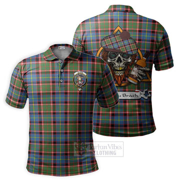 Glass Tartan Polo Shirt with Family Crest and Bearded Skull Holding Bottles of Whiskey Kid - Tartan Vibes Clothing