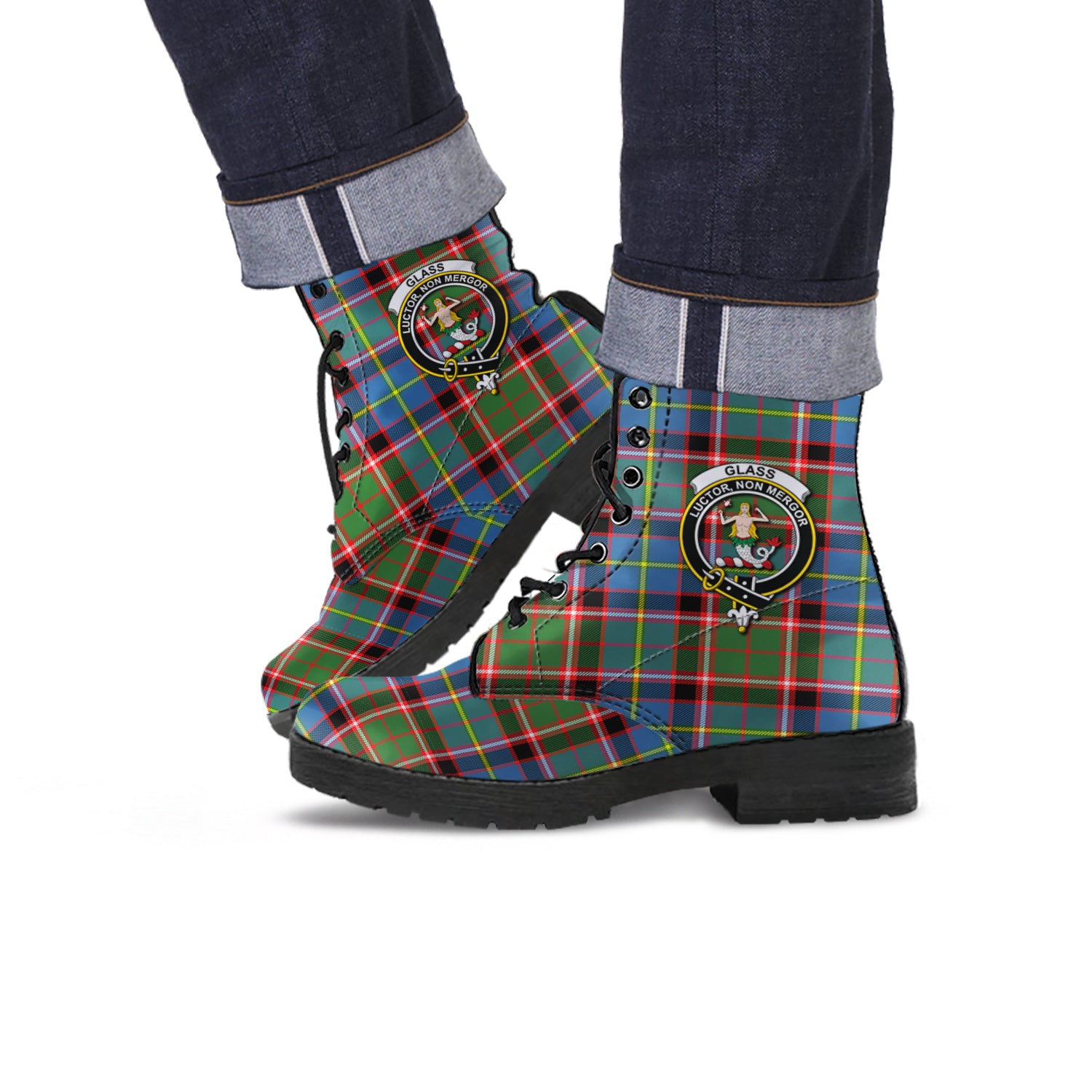 Glass Tartan Leather Boots with Family Crest Men' Boots - Tartan Vibes Clothing
