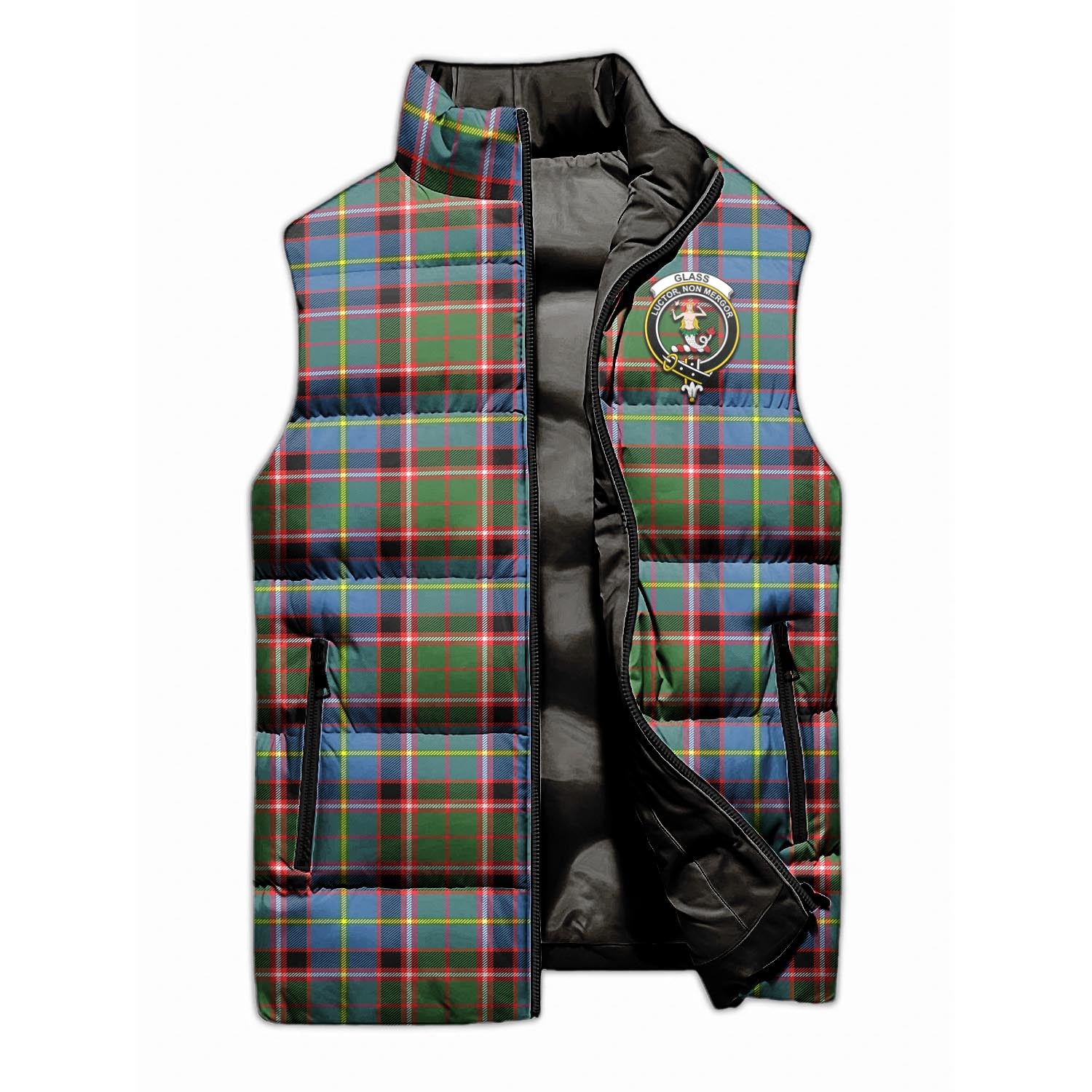 Glass Tartan Sleeveless Puffer Jacket with Family Crest - Tartan Vibes Clothing