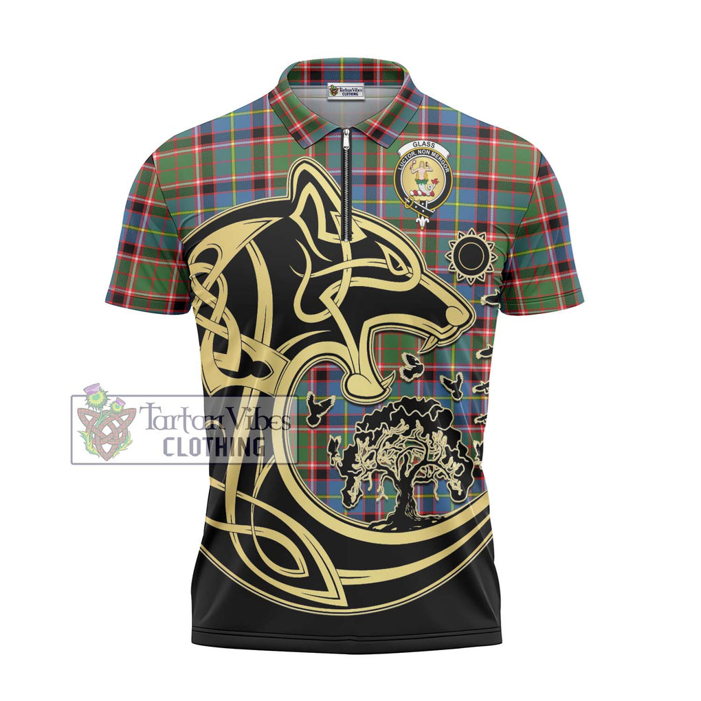 Glass Tartan Zipper Polo Shirt with Family Crest Celtic Wolf Style - Tartan Vibes Clothing