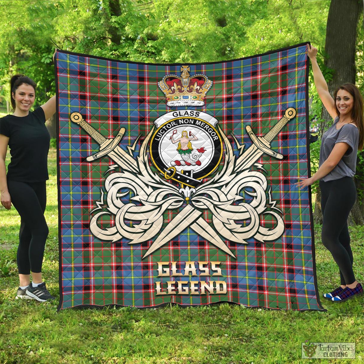 Tartan Vibes Clothing Glass Tartan Quilt with Clan Crest and the Golden Sword of Courageous Legacy