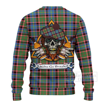 Glass Tartan Ugly Sweater with Family Crest and Bearded Skull Holding Bottles of Whiskey - Tartan Vibes Clothing