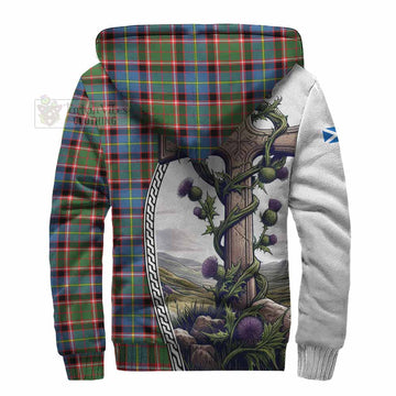 Glass Tartan Sherpa Hoodie with Family Crest and St. Andrew's Cross Accented by Thistle Vines - Tartan Vibes Clothing