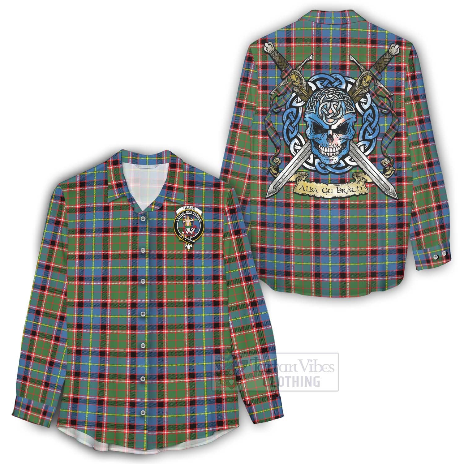 Glass Tartan Women's Casual Shirt with Family Crest Celtic Skull Style - Tartan Vibes Clothing