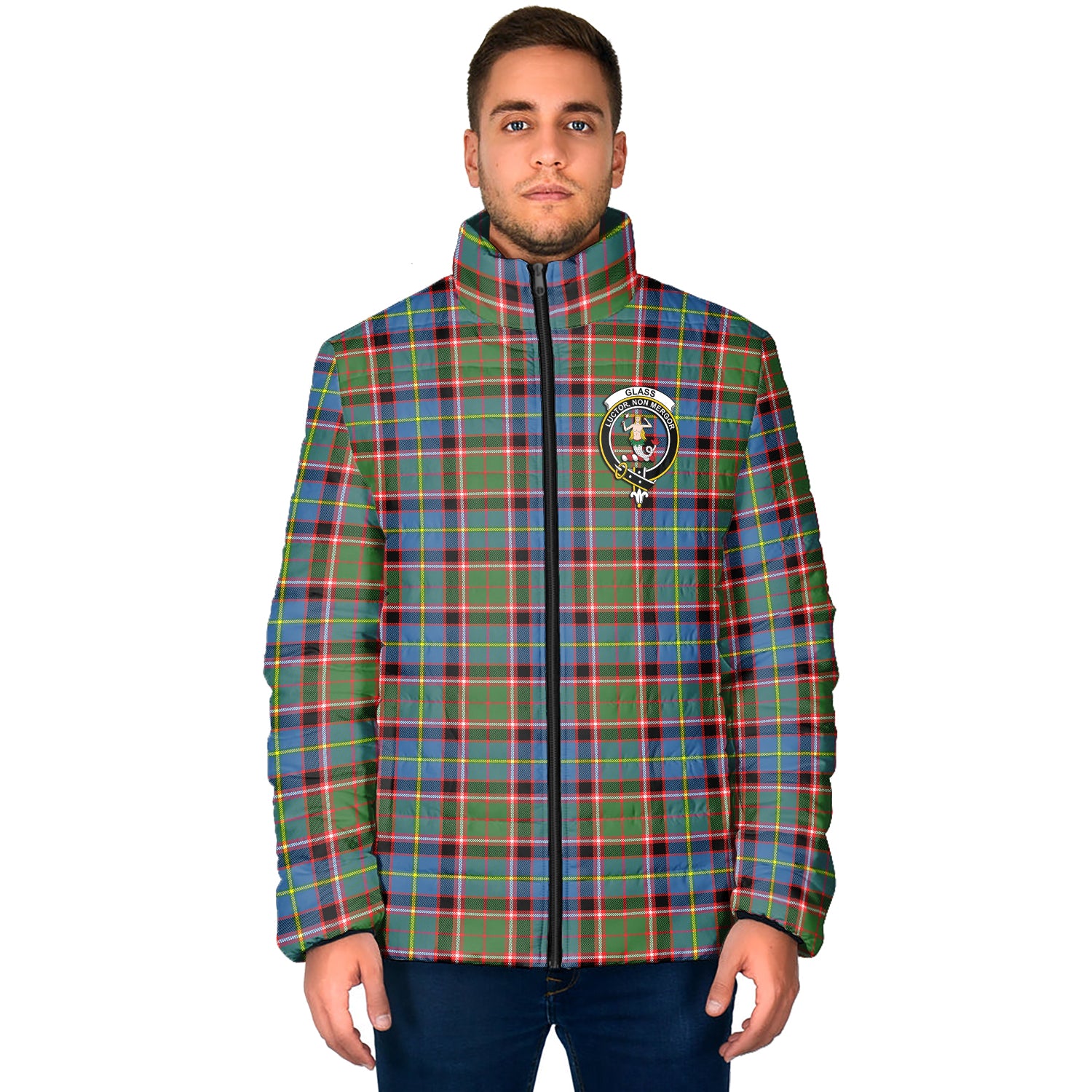 Glass Tartan Padded Jacket with Family Crest - Tartan Vibes Clothing