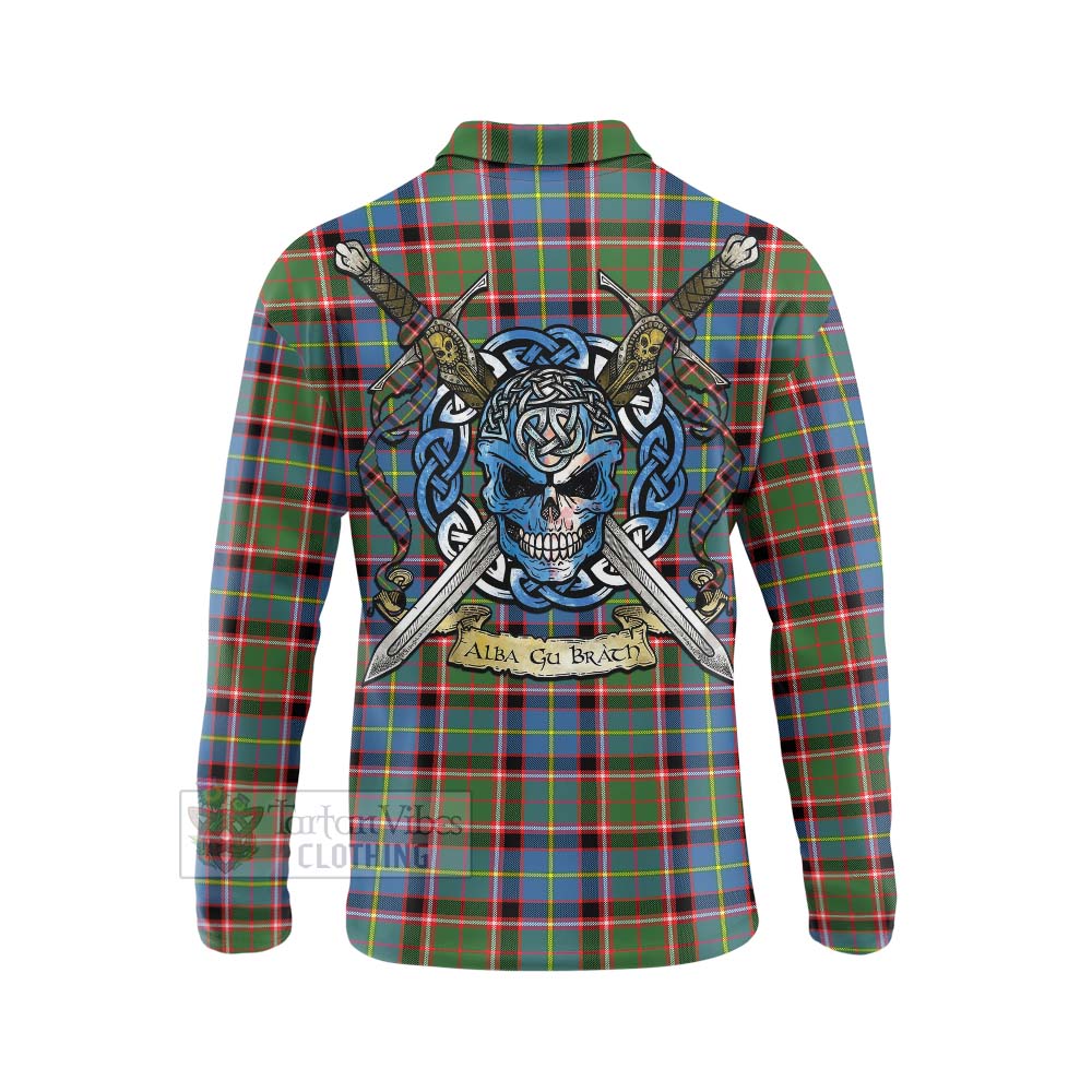 Glass Tartan Long Sleeve Polo Shirt with Family Crest Celtic Skull Style - Tartan Vibes Clothing