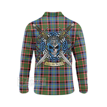 Glass Tartan Long Sleeve Polo Shirt with Family Crest Celtic Skull Style - Tartan Vibes Clothing