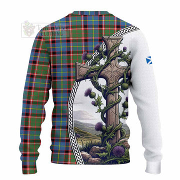 Glass Tartan Knitted Sweater with Family Crest and St. Andrew's Cross Accented by Thistle Vines - Tartan Vibes Clothing