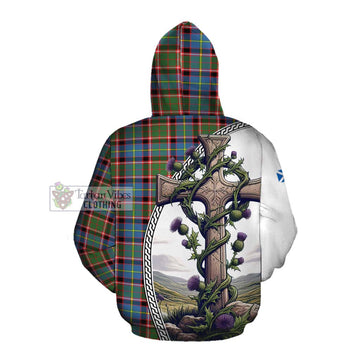 Glass Tartan Cotton Hoodie with Family Crest and St. Andrew's Cross Accented by Thistle Vines Pullover Hoodie - Tartan Vibes Clothing