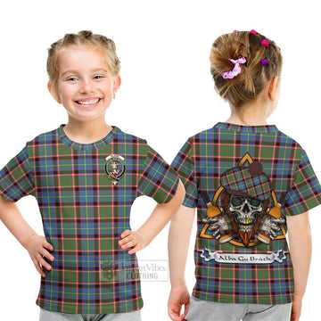 Glass Tartan Kid T-Shirt with Family Crest and Bearded Skull Holding Bottles of Whiskey - Tartan Vibes Clothing