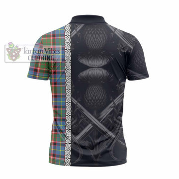 Glass Tartan Zipper Polo Shirt with Family Crest Cross Sword Thistle Celtic Vibes - Tartan Vibes Clothing