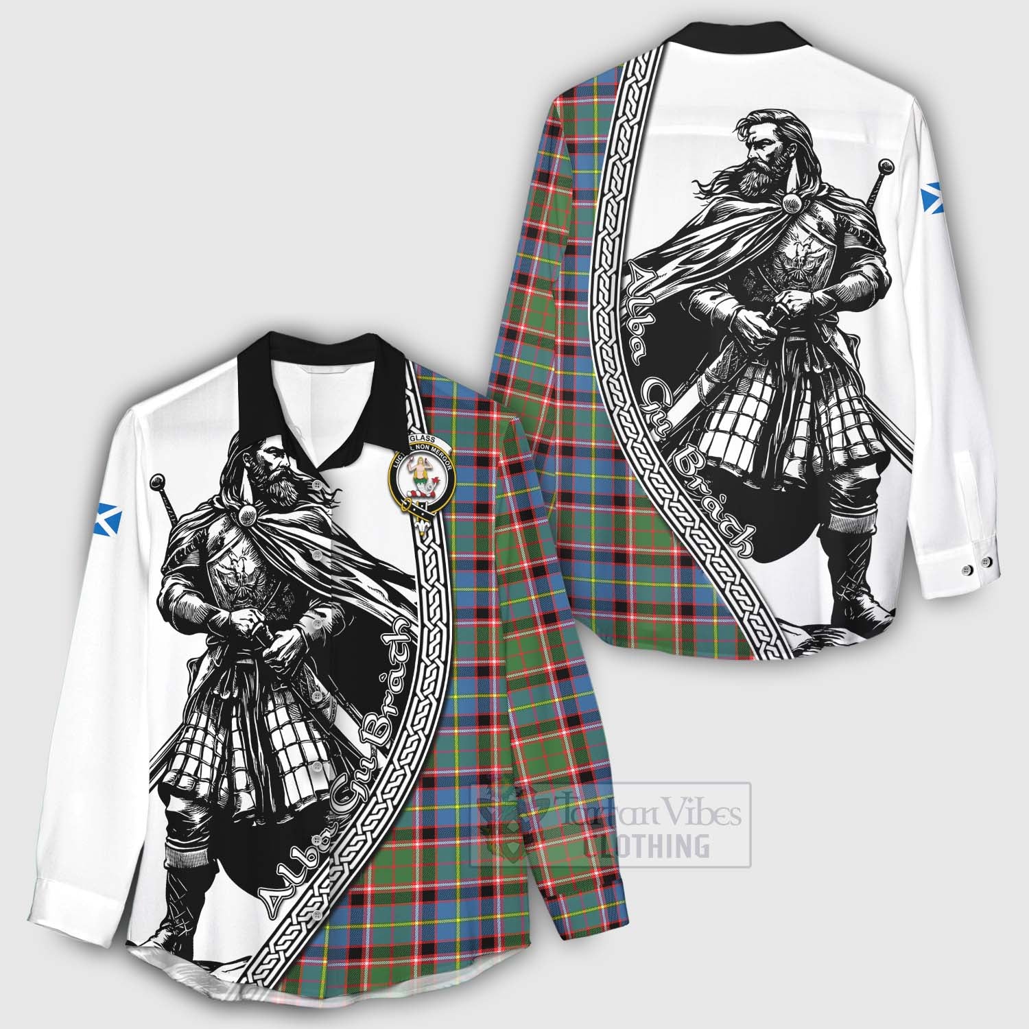 Glass Tartan Clan Crest Women's Casual Shirt with Highlander Warrior Celtic Style - Tartan Vibes Clothing