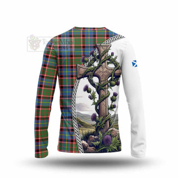 Glass Tartan Long Sleeve T-Shirt with Family Crest and St. Andrew's Cross Accented by Thistle Vines - Tartan Vibes Clothing