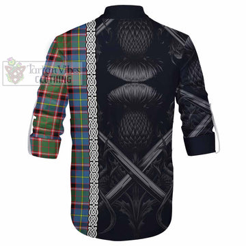 Glass Tartan Ghillie Kilt Shirt with Family Crest Cross Sword Thistle Celtic Vibes - Tartan Vibes Clothing