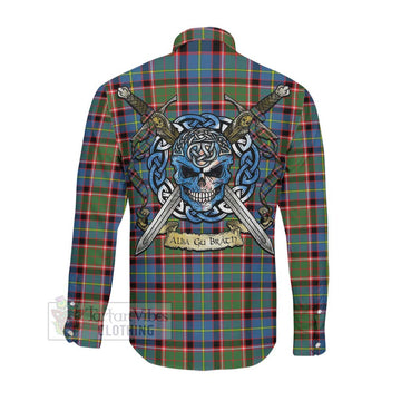 Glass Tartan Long Sleeve Button Shirt with Family Crest Celtic Skull Style Men's Shirt - Tartan Vibes Clothing