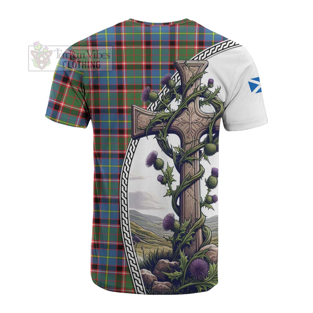 Tartan Vibes Clothing Glass Tartan Cotton T-shirt with Family Crest and St. Andrew's Cross Accented by Thistle Vines