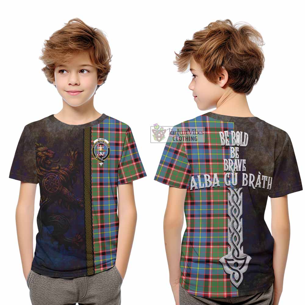 Tartan Vibes Clothing Glass Tartan Family Crest Kid T-Shirt Alba Gu Brath Be Brave Lion Ancient Style