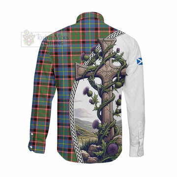 Glass Tartan Long Sleeve Button Shirt with Family Crest and St. Andrew's Cross Accented by Thistle Vines Men's Shirt - Tartan Vibes Clothing