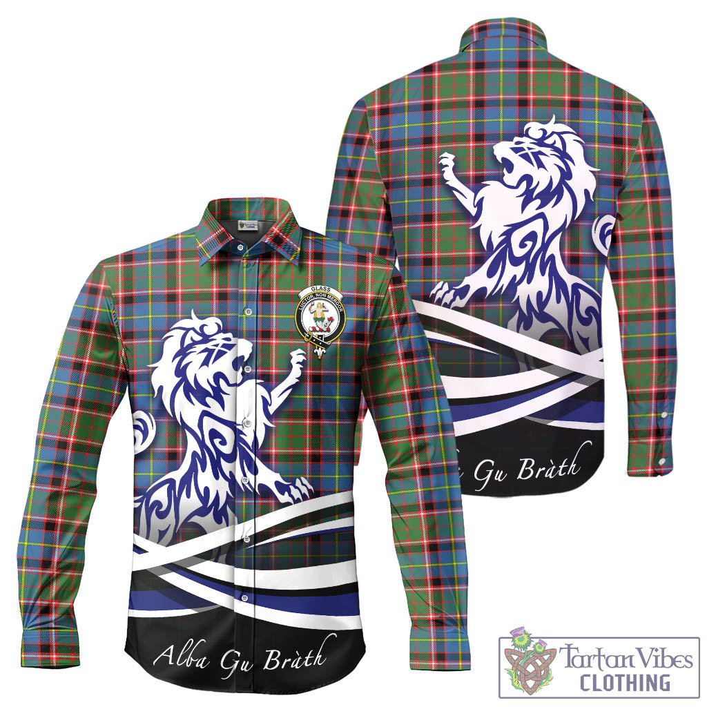 Glass Tartan Long Sleeve Button Up Shirt with Alba Gu Brath Regal Lion Emblem - Tartan Vibes Clothing