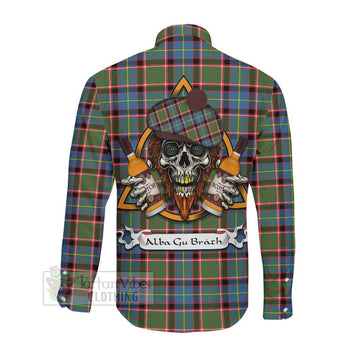 Glass Tartan Long Sleeve Button Shirt with Family Crest and Bearded Skull Holding Bottles of Whiskey Men's Shirt - Tartan Vibes Clothing